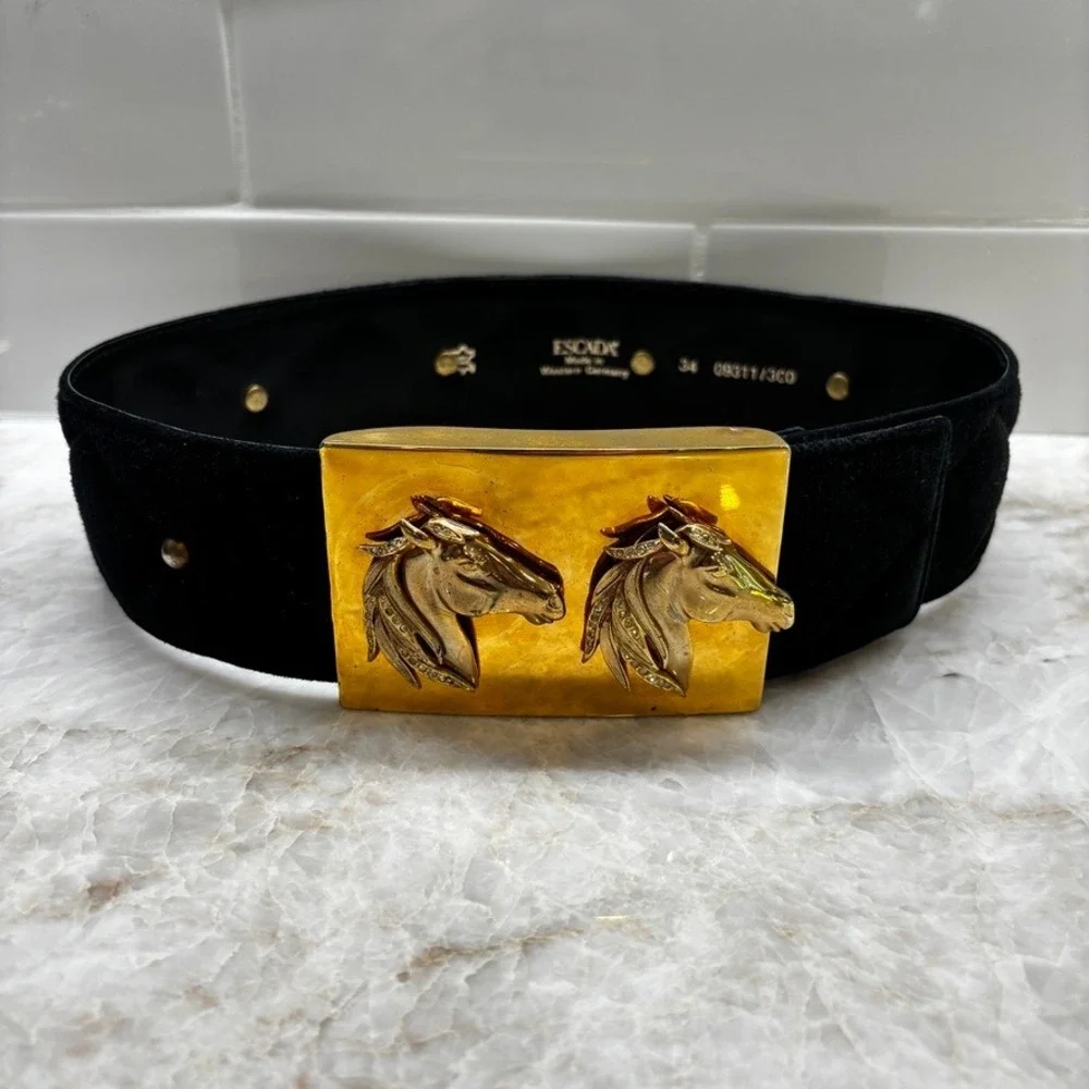 ESCADA Vintage Horse Head Buckle Belt Black Suede Wide Belt Gold Western Germany